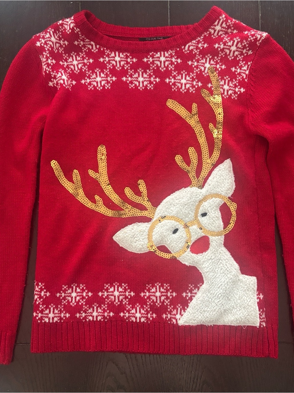 It's Our Time Red Sweater with Gold Sequin Antlers and White Reindeer